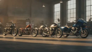 Rangée de cinq motos custom aux styles distincts, bobber, chopper, café racer, scrambler et bagger, dans un atelier de customisation, lumière industrielle chaude