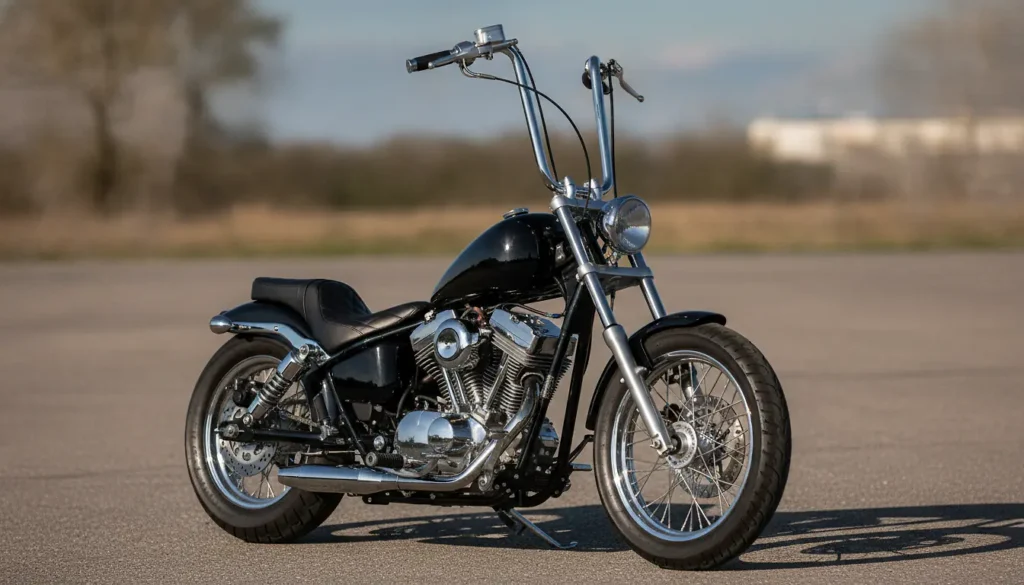 Moto 125cc style chopper Harley Davidson carrosserie noire métallisée guidon ape hanger selle solo sur asphalte