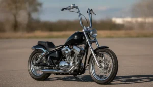 Moto 125cc style chopper Harley Davidson carrosserie noire métallisée guidon ape hanger selle solo sur asphalte