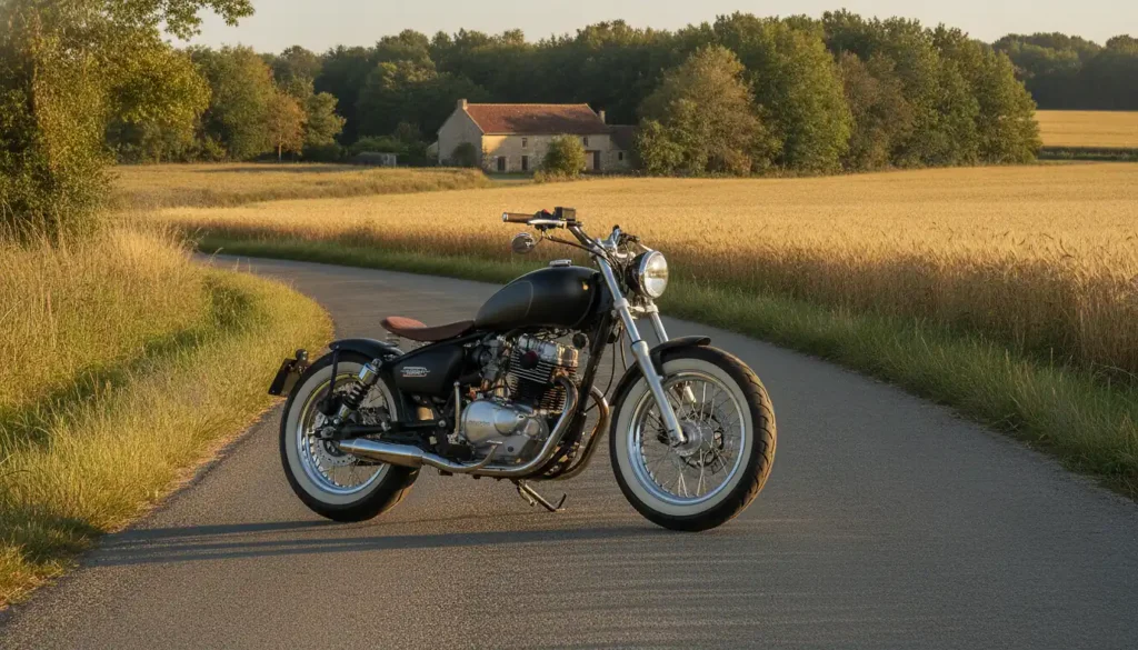 Moto custom 125cc style bobber noire mate garée sur une route de campagne française, lumière dorée en fin de journée
