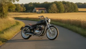 Moto custom 125cc style bobber noire mate garée sur une route de campagne française, lumière dorée en fin de journée