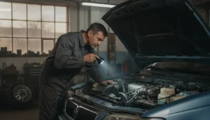 Inspection du moteur ouvert d'une voiture d'occasion dans un garage lumineux