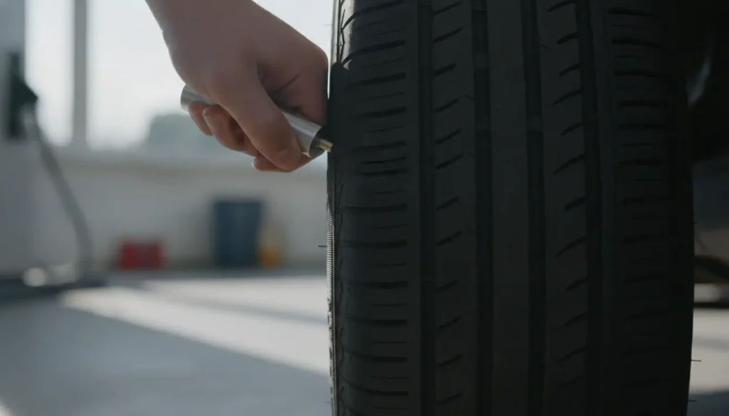Main appliquant un manomètre sur la valve d'un pneu de voiture, gros plan garage