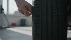 Main appliquant un manomètre sur la valve d'un pneu de voiture, gros plan garage