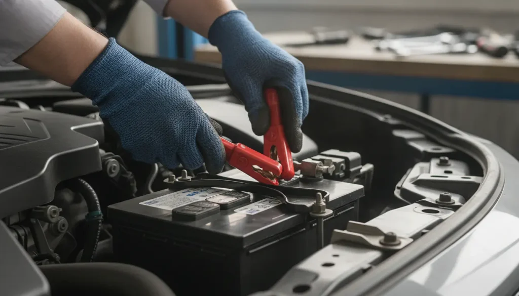 Mains gantées de mécanicien rebranchant la cosse positive d'une batterie de voiture neuve dans le compartiment moteur
