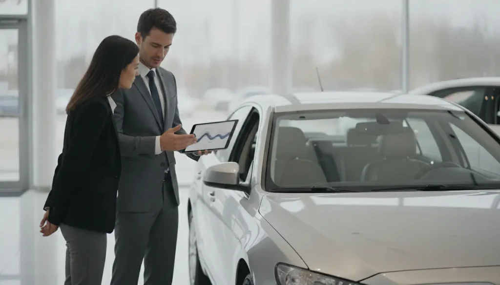 Vendeur automobile et client discutant du prix de reprise d'une voiture devant une concession