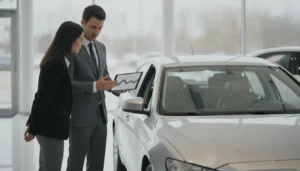 Vendeur automobile et client discutant du prix de reprise d'une voiture devant une concession