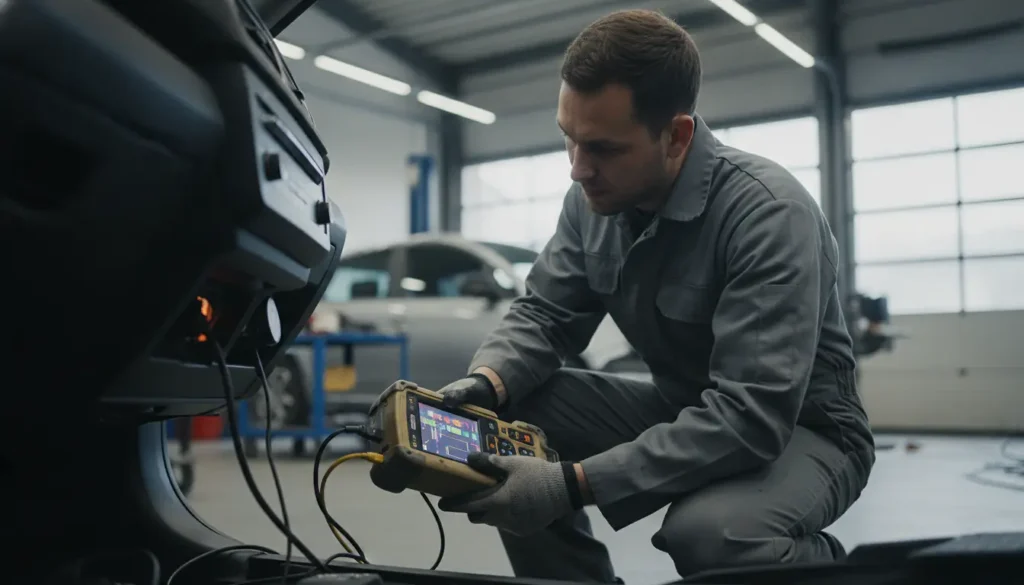 Mécanicien utilisant une valise de diagnostic électronique sous le tableau de bord d'une voiture en atelier