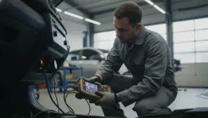 Mécanicien utilisant une valise de diagnostic électronique sous le tableau de bord d'une voiture en atelier