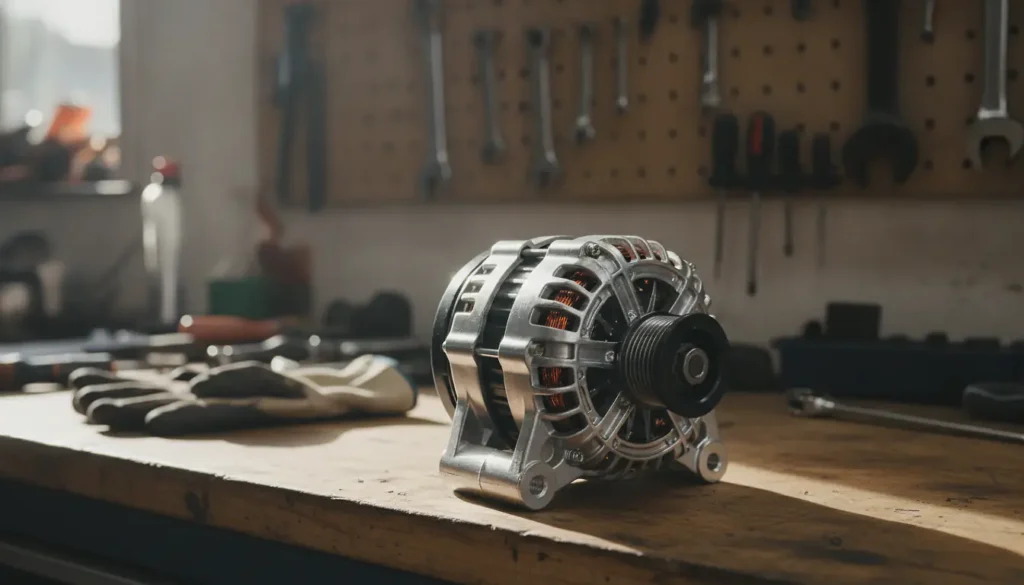 Alternateur de voiture neuf posé sur un établi de garage automobile