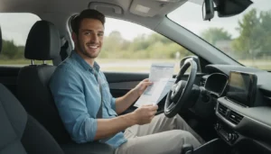 Jeune conducteur souriant assis au volant, papiers d'assurance auto en main
