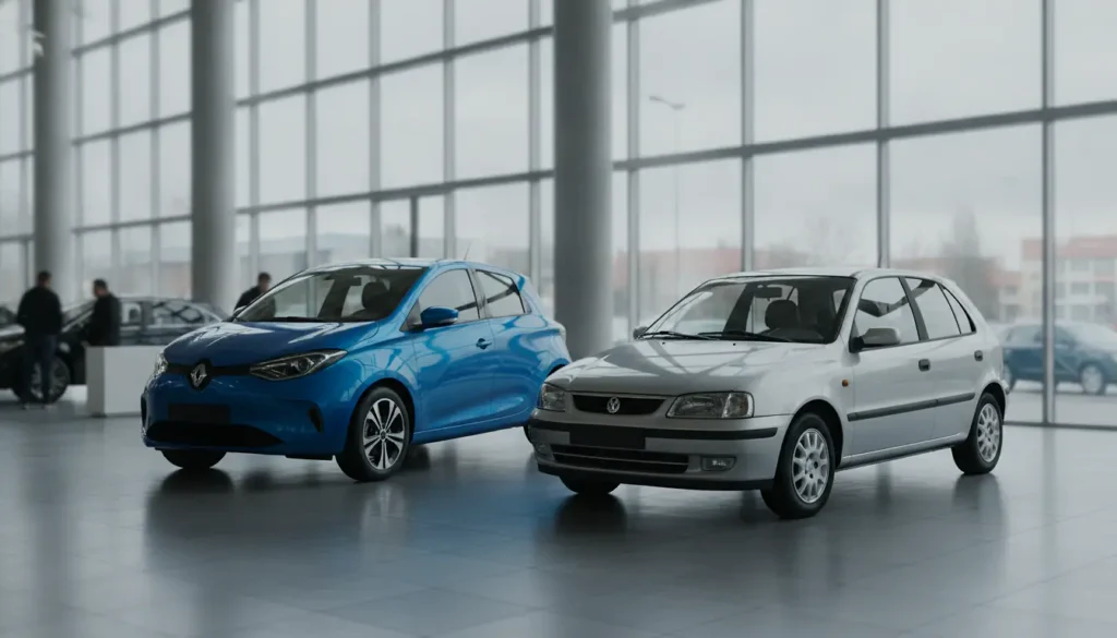Concession automobile avec une voiture neuve et une voiture d'occasion côte à côte
