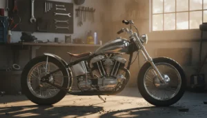 Moto custom d'occasion chromée style bobber dans un garage atelier, lumière naturelle dorée