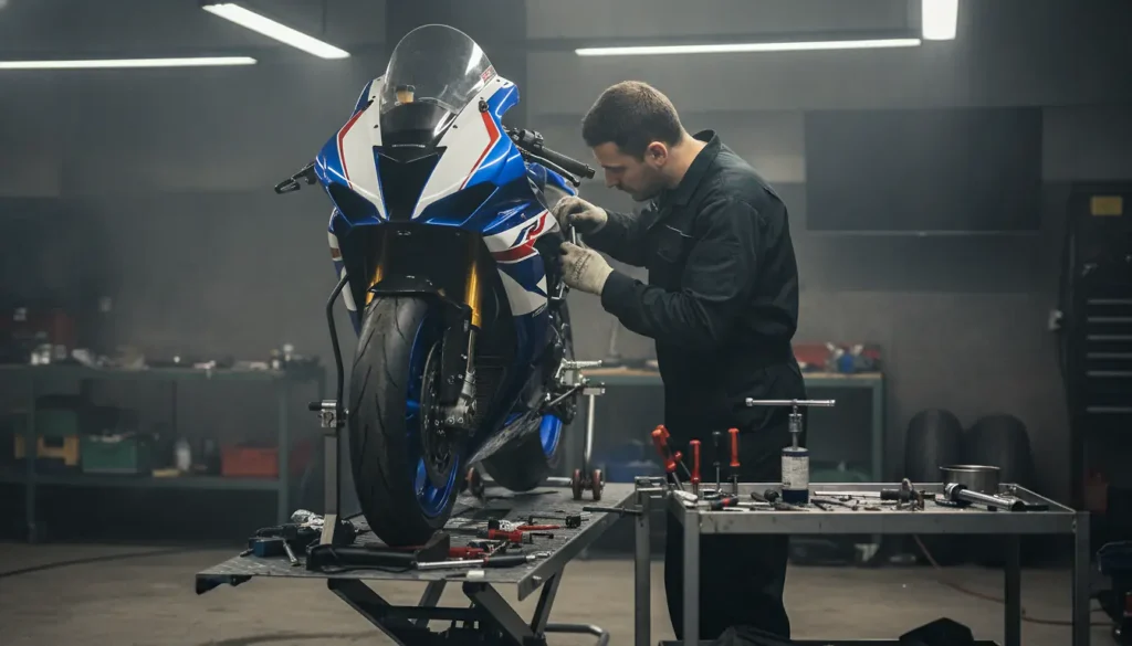 Préparateur moto réglant la suspension d'une moto sur pont d'atelier