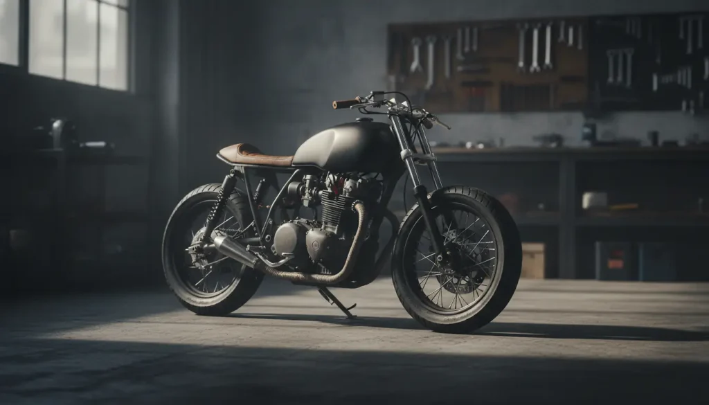Moto custom café racer garée dans un atelier avec éclairage dramatique