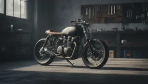 Moto custom café racer garée dans un atelier avec éclairage dramatique