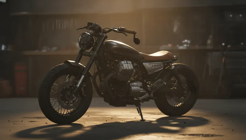 Moto Guzzi V9 Bobber personnalisée en style custom, vue de profil dans un garage
