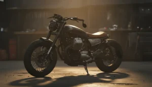 Moto Guzzi V9 Bobber personnalisée en style custom, vue de profil dans un garage