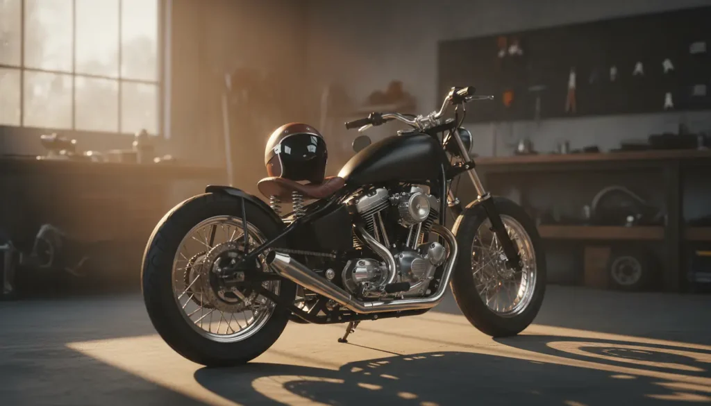 Moto custom bobber au réservoir noir mat et selle en cuir cousue, garée dans un atelier à la lumière du soir