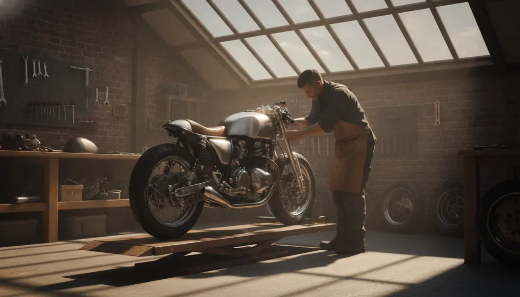 Atelier de préparation moto artisanal avec une moto néo-rétro sur pont élévateur et un mécanicien réglant la fourche
